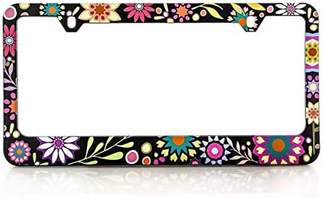 Floral License Plate Frame with a Unique Retro Flower Design. Made Plastic and UV Printed for Extreme Durable Unique Design. US & Canada Size.