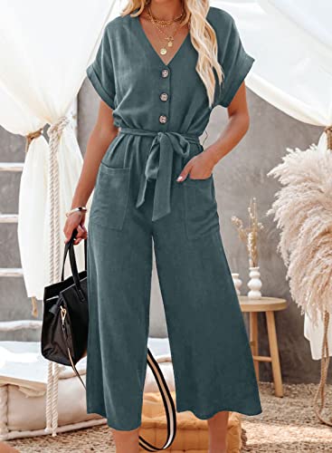 Acelitt Womens Ladies Casual V Neck Short Sleeve Button Down High Waisted Belted Blue Wide Leg Jumpsuits Rompers With Pockets Medium #TOP1