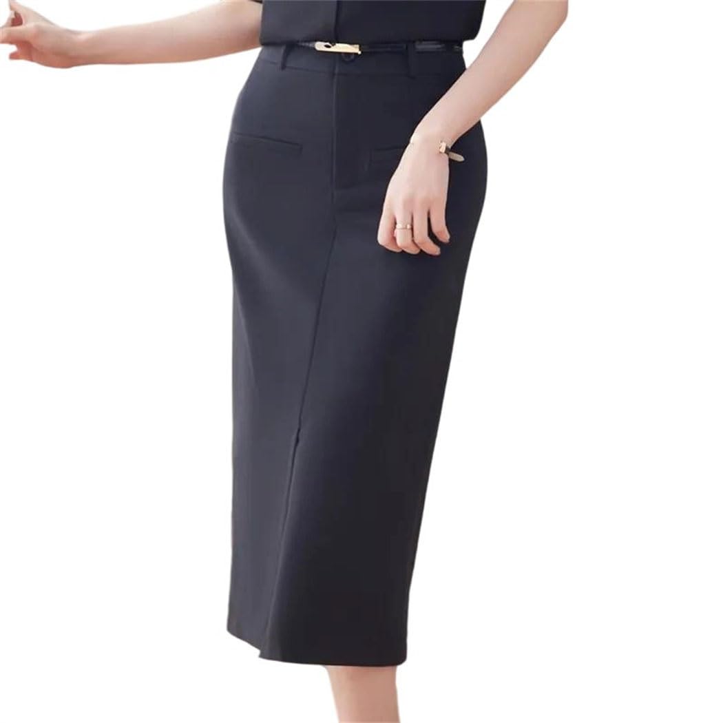 Womens Vintage Side Slit Pencil Skirt Elegant High Waist Slim Midi Half Step Skirt Korean Fashion Navy Blue