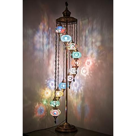 DEMMEX - 11 Large 7'' Globes Tallest Turkish Moroccan Mosaic Floor Lamp, Tiffany-Style Bohemian Standing Lamp, 7-Foot Tall, Decorative Boho Floor Lamp for Living Room, Bedroom, Office, Customizable Cover