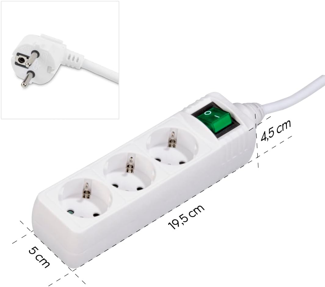 Hama 3-Way Power Strip with Switch, 1.4 m (Power Strip with Switch, 3-Way Power Strip, 3-Way Multiple Socket, Multiple Plug, with Touch Protection, Illuminated Switch, 45°) White