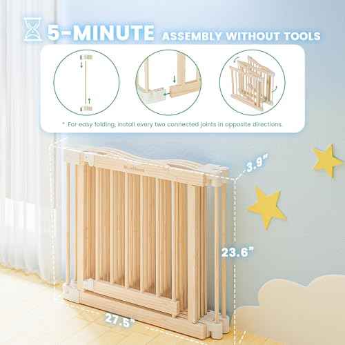 Image of Foldable Wooden Playpen - Adjustable Wood Baby Play Yard with Door, Indoor Large Safety Fence for Babies and Toddlers - Easy Assembly, Natural, 30 x 30 x 24 inches
