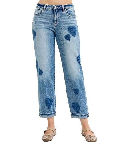 SCOFEEL Women's Cropped Denim Pants Mid Rise Straight Wide Leg Jeans Heart Shade Boyfriend Denim Pant with Pockets