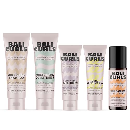 BALI CURLS Curl Travel Kit 5er Set – Reisegrößen für definierte, gesunde Locken – Shampoo, Conditioner, Curl Cream, Defining Gel & Foam – Kompaktes Pflegeset für Reisen, Gym & unterwegs