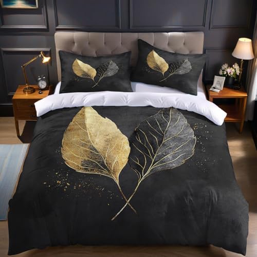 Negro Y Oro Funda nórdica Cama 180 Hojas de Plantas Juego de 3 Piezas 240x260 cm en poliéster Suave y Transpirable,Funda edredón y 2 Fundas de Almohada, Ropa de Cama Juvenil