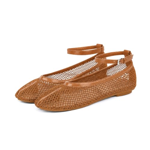 Image of Wnshonzy Mesh Ballet Flats for Women Round Toe Buckle Strap Fishnet Mary Jane Flats Comfy Casual Office Womens Summer Flats Shoes