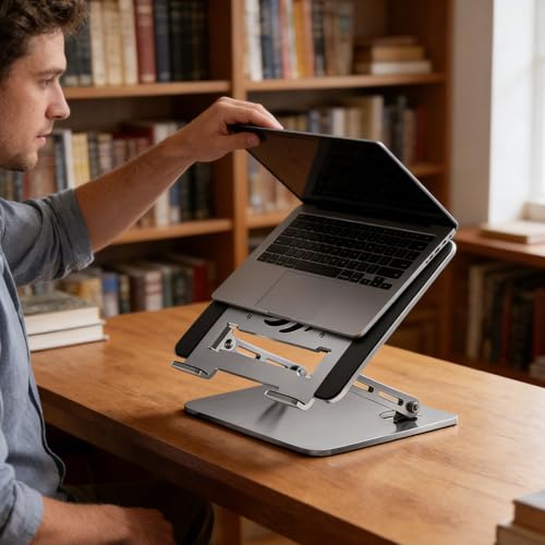 Soporte para portátil plegable metálico con elevación multiposición para mesa y viaje 2