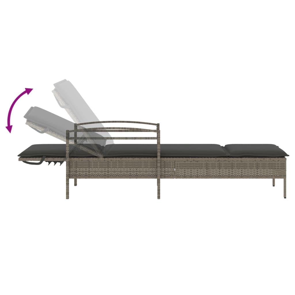 Polirattan Leżak ogrodowy z poduszką szary 63x200x81 cm regulowane oparcie 3 poziomów składany tarasowy z podłokietnikami PE rattan stal malowana proszkowo leżak zewnętrzny wygodny balkonu na basen