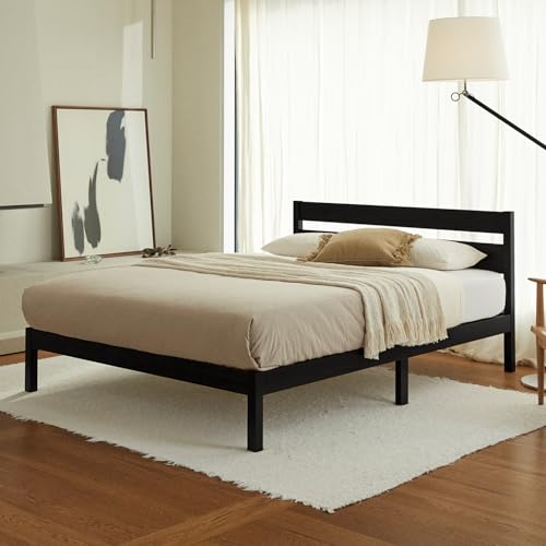 Image of LIFEMENT Queen Bed Frame with Headboard Classic Wood Platform, Noise Free, Under Bed Storage, No Box Spring Needed, Easy Assembly, Black