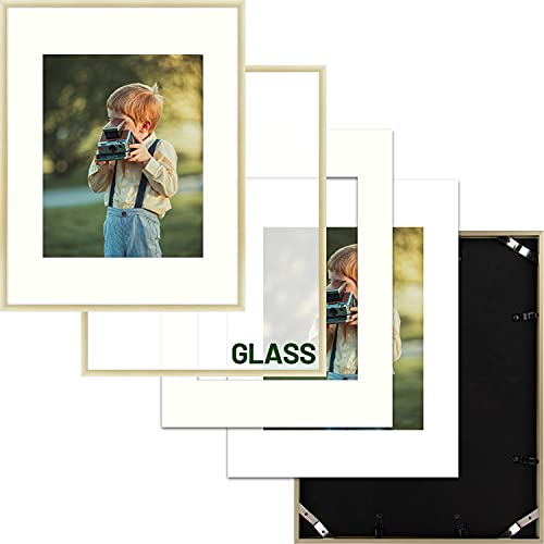 Frametory, 11X14 Metal Picture Frame - Aluminum Thin Molding - Photo Frame With Ivory Color Mat For 8X10 Wall Art & Pre-Installed Mounting Hardware - Real Glass (Gold, 1 Pack) #TOP6