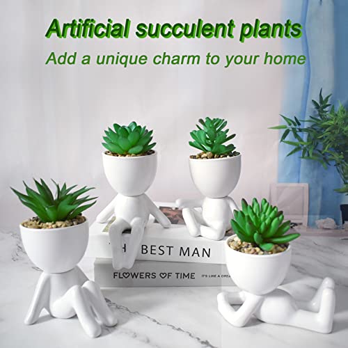 4 Pcs Artificial Succulent Plants With Creative Ceramic Human Figure Planter Pot, Mini Potted Planter Succulent Decor For Desktop Office Bedroom Table (Ceramic White) #TOP2