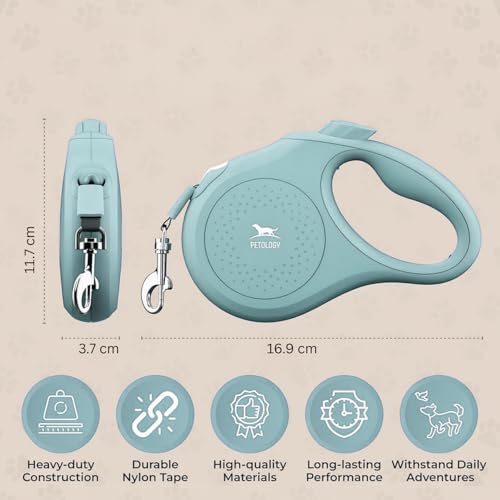 Image of Petology Retractable Dog Leash | 5 Meter (16ft) Nylon Tape | for Dogs Upto 15kgs | Heavy Duty Rope, 360 Tangle-Free, One-Hand Brake & Lock System, Anti-Slip Comfortable Grip