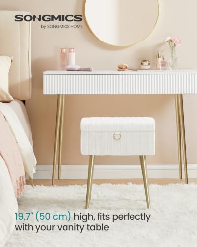 Image of SONGMICS Vanity Stool Chair Faux Fur with Storage, Vanity Bench, Metal Legs, Adjustable Feet, for Living Room, Bedroom, Makeup Room, Cream White ULOM505WZ02