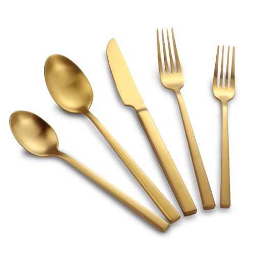 Kelenfer Stainless Steel Flatware Set Hand Forged 18/10 Silverware Set Cutlery Set Gold Cuboid Handle Matte Finished 20 Pieces Service for 4