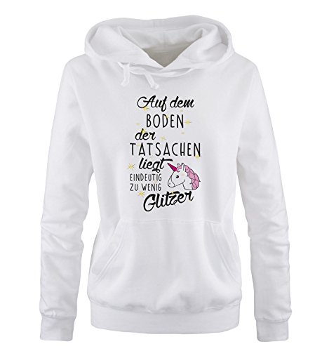 Auf dem Boden der Tatsachen liegt eindeutig zu wenig Glitzer - Einhorn - Damen Hoodie - Weiss/Schwarz-Pink-Rosa-Gold Gr. L