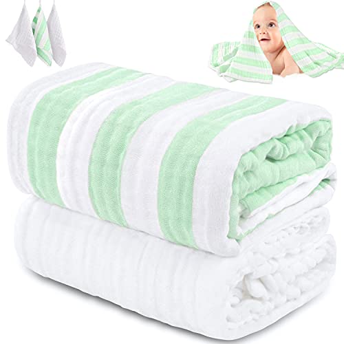 Image of HardNok Muslin Baby Bath Towel Set, 2 Large Gauze Super Soft Baby Bath Towel and 3 Washcloths, 6 Layers 100% Cotton Infant Towel Newborn Towel Blanket Suitable for Baby's Delicate Skin(Green)