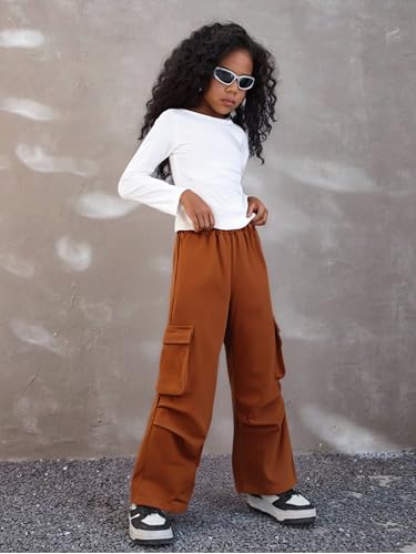 Image of Azmxynol Girls Clothes 2 Piece Outfit Ribbed T-Shirt Top + Cargo Pants, Girls Fall Clothing Set, Sizes 5-16 Years