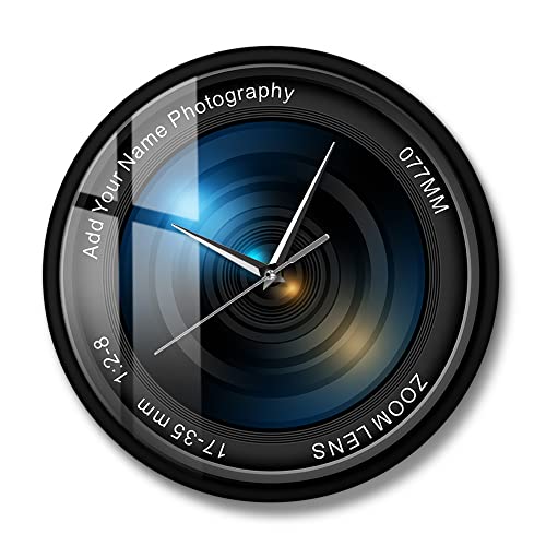 Timethink Camera Lens Metal Frame Round Clock, Silent Non-Ticking Battery Operated Photography Pictures Images Indoor Decorative Wall Clock with Metal Frame for Home Office School Living Room Bedroom