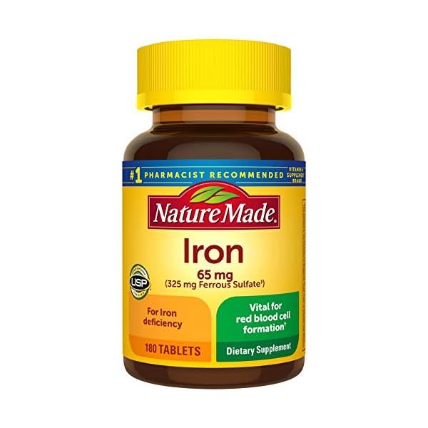 Nature-Made-Iron-65-mg-325-mg-from-Ferrous-Sulfate-Dietary-Supplement-for-Iron-Deficiency-180-Tablets-180-Day-Supply Nature Made Iron 65 mg (325 mg Ferrous Sulfate) Tablets, Dietary Supplement for Red Blood Cell Support, 180 Tablets, 180…