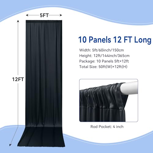 50×12ft Wrinkle Free Black Backdrop Curtain,Soft Silky Easy to Drape Polyester Black Drapes for Backdrop,10 Panels 12 ft Long Backdrop Curtains for Parties Birthday Wedding Photo Background Cloth