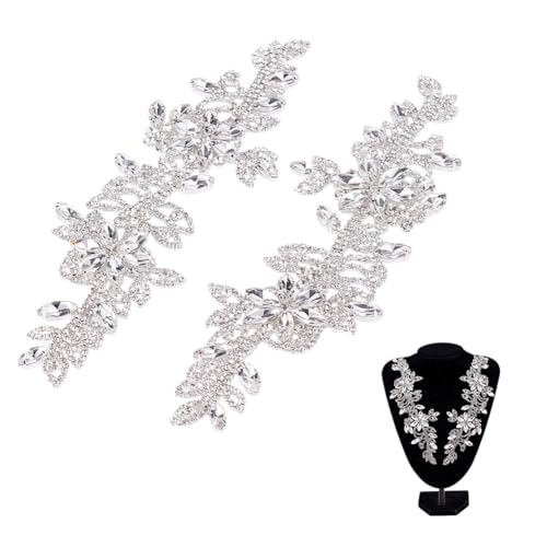 NBEADS 2 Pcs Symmetrical Rhinestone Applique Patch, Flower AB Crystal Applique Patch Wedding Bridal Belt Applique for DIY Clothing, Wedding Dress Decoration, Silver, 8.7x2.6inch
