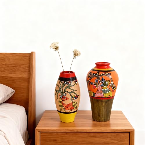 Image of Aakriti Art Creations Herd of Deers Terracotta Vase Set of 2 | Handmade Matte Multicolor Madhubani Art Terracotta Decorative Vases | Flower Vase, Planters for Home Decor, Table Decoration Items