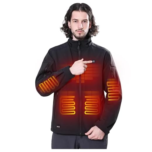 DEWBU Soft Shell Heated Jacket for Men with 12V Battery Pack and Detachable Hood Outdoor Electric Heating Coat, Black, S