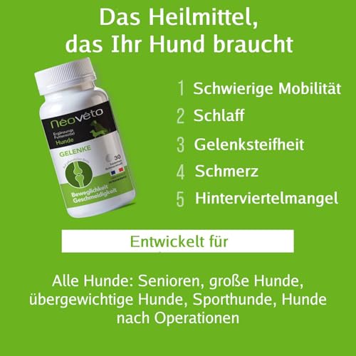 NEOVÉTO – Hundegelenke – 30 natürliche Tabletten – Arthrose bei Hunden – Entzündungshemmend – Vom Veterinärdienst zugelassene Wirkstoffe