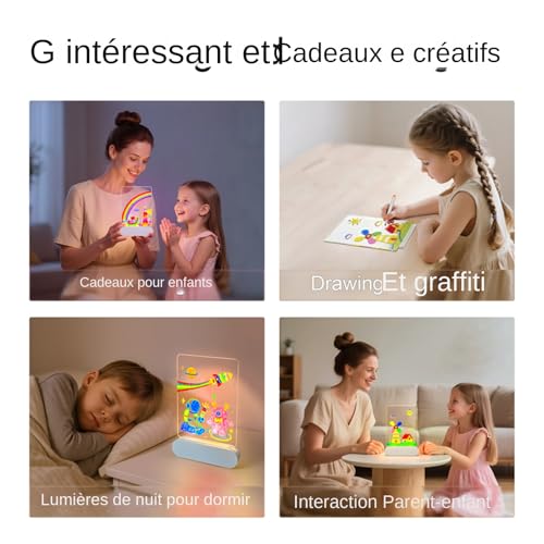 Tableau à notes LED 3D rechargeable avec 6 pages de calque pour dessin enfant