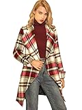 Allegra K Women's Plaid Belted Wrap Overcoat Shawl Collar Asymmetric Hem Fall Winter Coat Small Red White