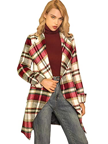Allegra K Women's Plaid Belted Wrap Overcoat Shawl Collar Asymmetric Hem Fall Winter Coat Small Red White