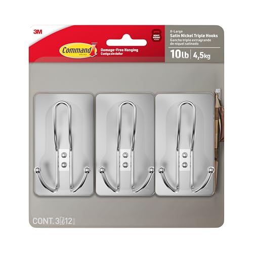 Image of Command 10 lb X-Large Satin Nickel Triple Hooks, 3 Hooks and 12 Strips, Damage-Free Hanging with Adhesive Strips, No Tools Wall Hook for Hanging Decorations in Living Spaces