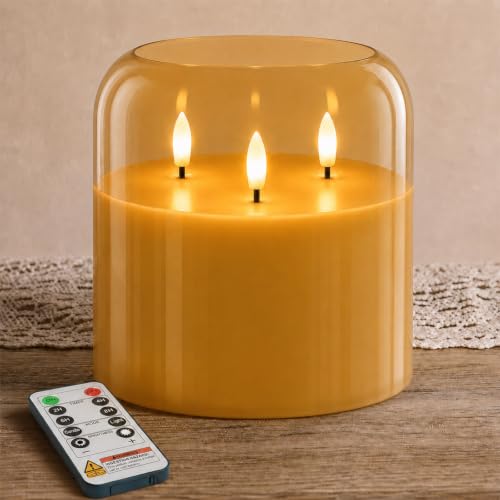 Image of Homemory 6 x 6 Inch Extra Large Flameless Candle, Rounded Rim Amber Glass 3-Wick LED Pillar Candle, Real Wax Battery Operated Candle with Remote Control and Timer for Home Decor