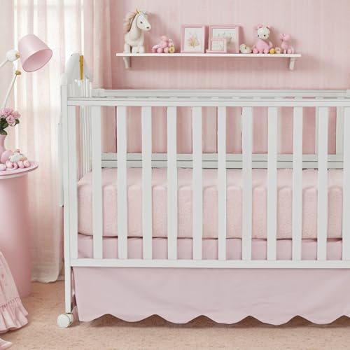 Image of Brandream Scallop Edge Cotton Crib Skirt, Baby Boy, Baby Girl, Gender Neutral Crib Skirt Toddler Bedskirt Farmhouse Chic Nursery Crib Bed Skirt, Boho Bohemian Solid Pink