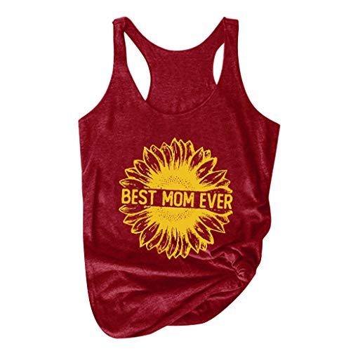 Preisvergleich Produktbild KIMODO Damen Kurz Trägershirts Tank Tops Weste Sonnenblumendruck Rundhalsausschnitt Sommer Off Shoulder Bluse Ärmelloses T-Shirt Camisole Weste Cami Tank (Wein-D, XXL)