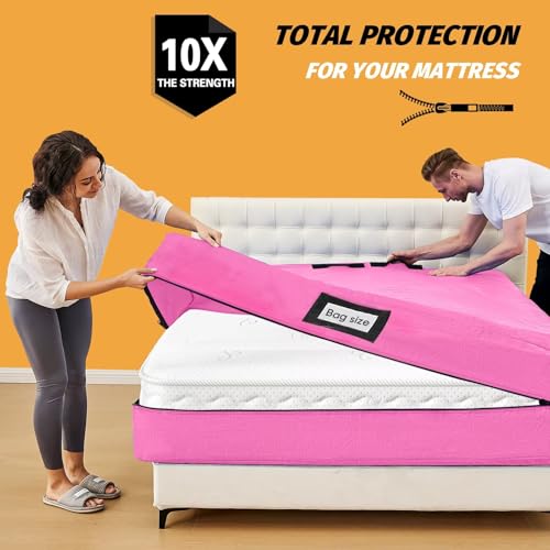 Image of Mattress Bags for Moving, BETU Mattress Protector Waterproof Mattress Cover Storage Bags with 8 Heavy-Duty Handles and Zipper for Bed Extra Thick Large Reusable,82 inchx42 inchx15 inch,Pink