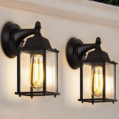 COTTAGE LIFE Small Outdoor Wall Lanterns 2 Pack Black Matte Finish Waterproof Exterior Light Fixtures with Clear Glass Wall Mount Sconces for Porch Garage Front Door (Bulbs Not Included)