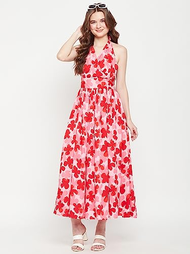 Image of AMARK Women Pink and Red Halter Neck Floral Dress
