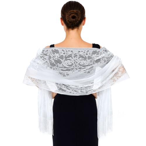 White Shawl for Women, Sheer Floral Lace Shawl with Tassels, Mesh Wedding Formal Evening Party Dresses