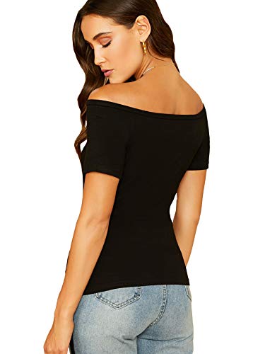 Shein Women's Sexy Off Shoulder Tee Top Short Sleeve V Neck Ribbed Knit T Shirt Pure Black Small #TOP1