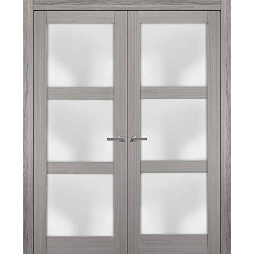 Solid French Double Doors 48 X 96 Inches Frosted Glass | Lucia 2552 Grey Ash | Wood Solid Panel Frame Trims | Closet Bedroom Sturdy Doors #TOP24