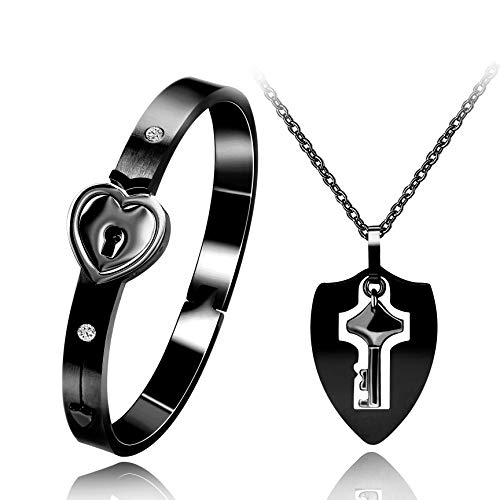 Uloveido Shield Key Pendant Necklace and Lock Bangle Bracelet You Hold the Key to My Heart Couples Valentines Gifts Y473-Black