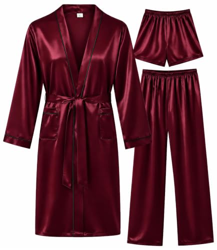 Image of SWOMOG Mens 3 PCS Satin Robe with Pants & Shorts Set Kimono Bathrobe Long Sleeve Sleepwear Pjs Sets with Pockets