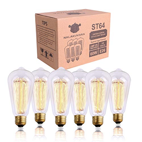 6-Pack Edison Light Bulbs 60 Watt, Vintage Incandescent Edison Bulb Set, 2700K Amber Warm Light - 380 Lumens - E26 Base - Clear Glass - Dimmable Antique Exposed Filament - ST64 Decorative Lightbulbs