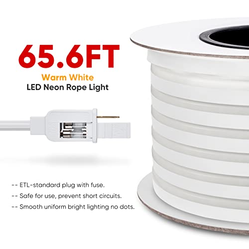 Shine Decor Led Neon Rope Lights Connectable, 65.6Ft Flexible Ac 110V 120V Neon Led Strip Lights(Warm White) Outdoor Waterproof, 20M Etl Plug&Play Neon Strings Lighting 120Leds/M For Home Commercial #TOP1