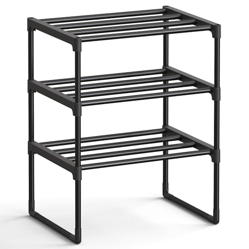 SONGMICS Shoe Rack, 3-Tier Shoe Organizer, Metal Storage Shelf, Upright or Upside Down, for 4-8 Pairs, Stackable, for Entryway, 11.8 x 16.7 x 21.5 Inches, Black ULSA003B01 Black 3 Tiers (16.