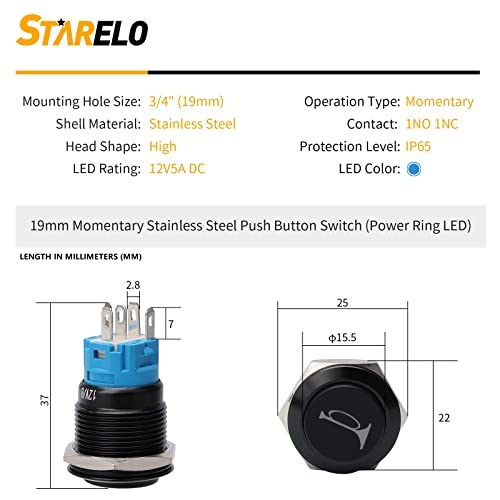 Starelo 19Mm Speaker Horn Momentary Push Button Switch 12V 3/4" Mounting Hole 1No 1Nc Spdt With Pre-Wiring Socket Aluminum Alloy For Car Auto Motor(Blue Led/Black Shell). #TOP1