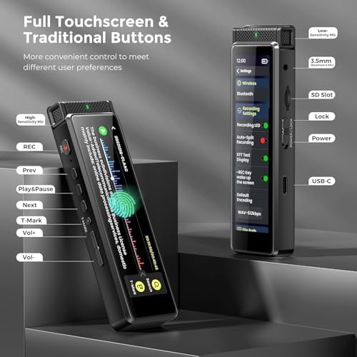 8GB Digital Voice Recorder with Playback, Innioasis R1 Full Touchscreen Voice Recorder with Bluetooth, Voice Activated Sound Audio Recorder Device with Mic Black