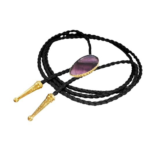 Image of Daisy Del Sol Gemstone Bolo Tie Braided Vegan Faux Leather Natural Stone Gold Handmade Necklace Adjustable Boho Western Jewelry