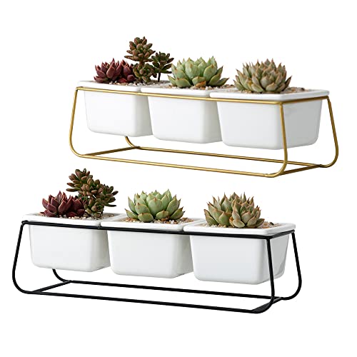Chiree Succulent Plant Pot Set 3Pcs With Creative Rectangular Metal Frame For Gifts Thickened Ceramic Planter Pots Square Succulent Cactus Orchid Plant Stand For Home Office For Indoor Outdoor #TOP6
